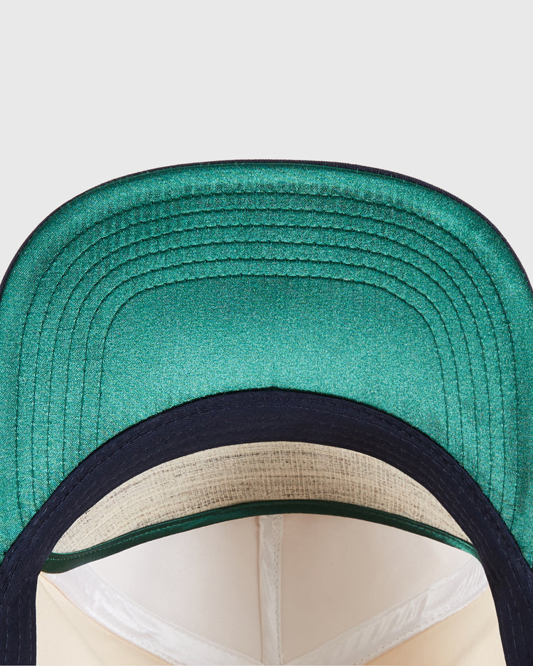 Close-up of the underside of the New Jersey Americans A-Frame Cotton Twill Ballcap by Ebbets Field, highlighting detailed brim stitching and the light interior lining.