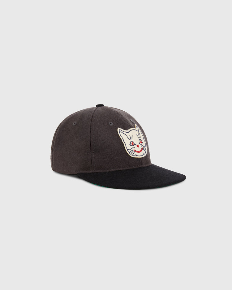 The Ebbets Field Kansas City Katz 1961 Wool Ballcap features an embroidered white cartoon cat face with red eyes and a red nose on the front, inspired by the iconic team, shown on a plain light background.