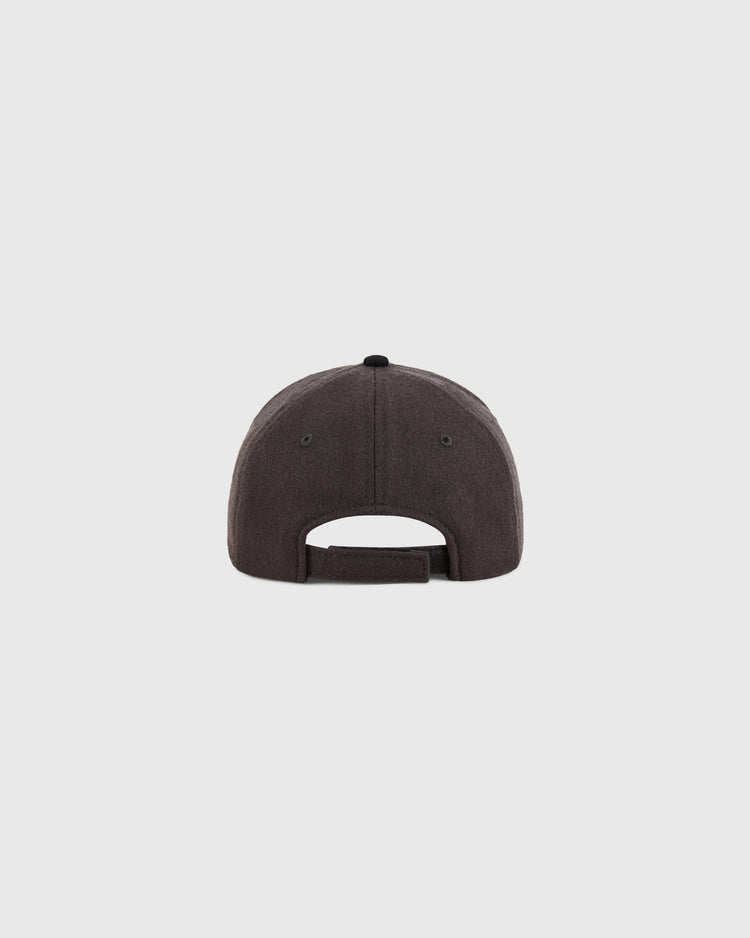 The Ebbets Field Kansas City Katz 1961 Youth Wool Ballcap in dark gray is shown from the back, highlighting its curved opening and adjustable strap closure against a plain light background.