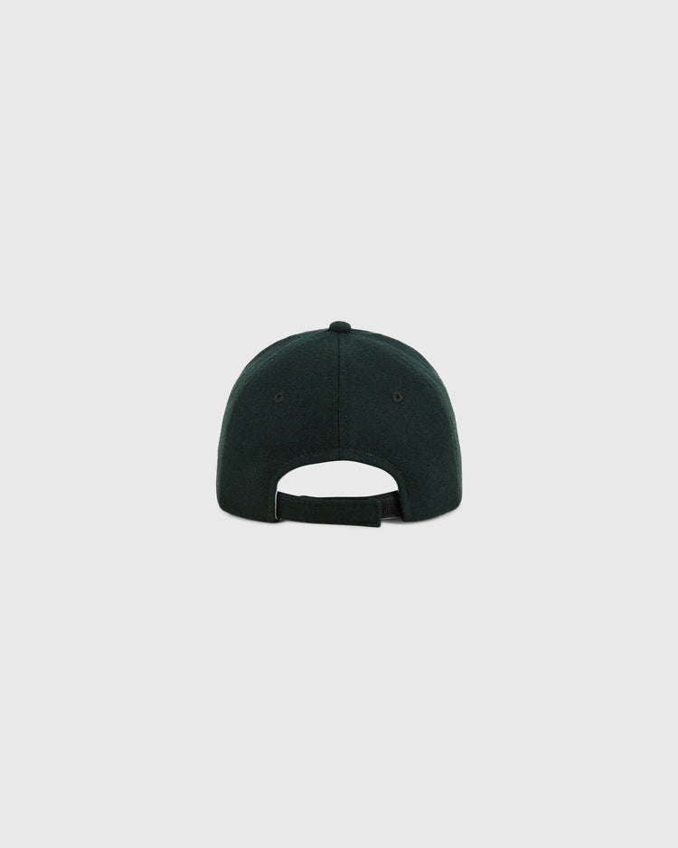 The Ebbets Field Los Angeles Angels (PCL) 1949 Wool Ballcap in youth size is shown from the back, displaying its dark green color, adjustable strap, and curved opening above the strap against a plain light gray background.