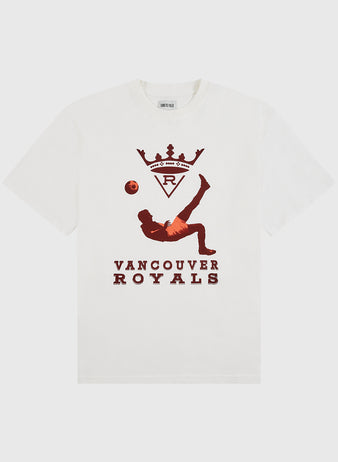 The Ebbets Field Vancouver Royals Short Sleeve Graphic T-Shirt features a white vintage design with a red player and crown graphic plus 