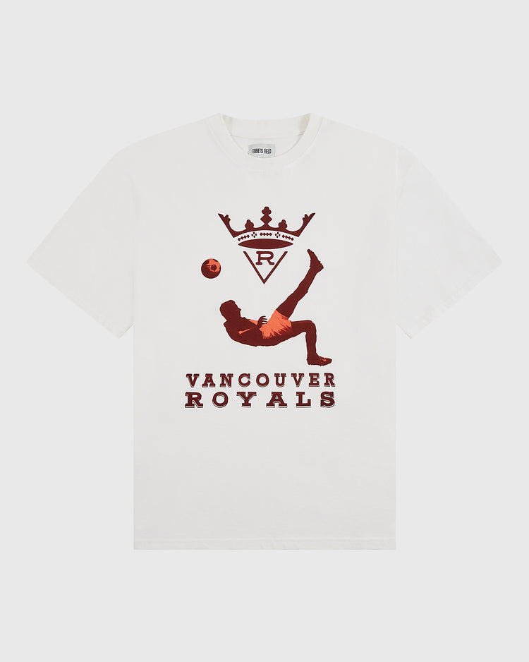 The Ebbets Field Vancouver Royals Short Sleeve Graphic T-Shirt features a white vintage design with a red player and crown graphic plus 
