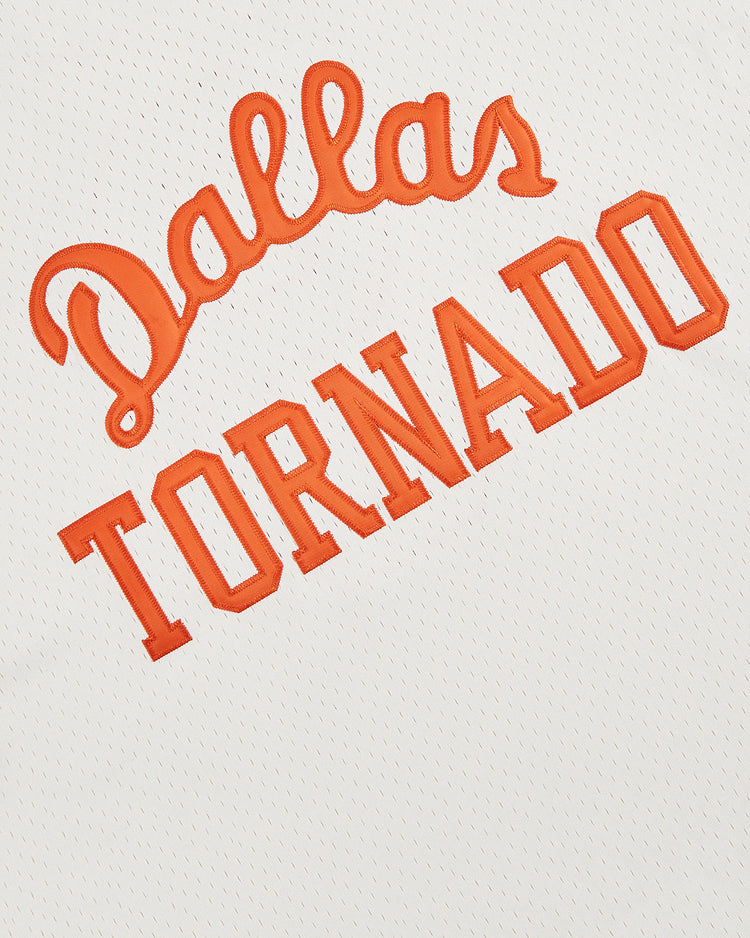 The Ebbets Field Dallas Tornado Mesh Soccer Jersey features white mesh fabric and orange embroidered 