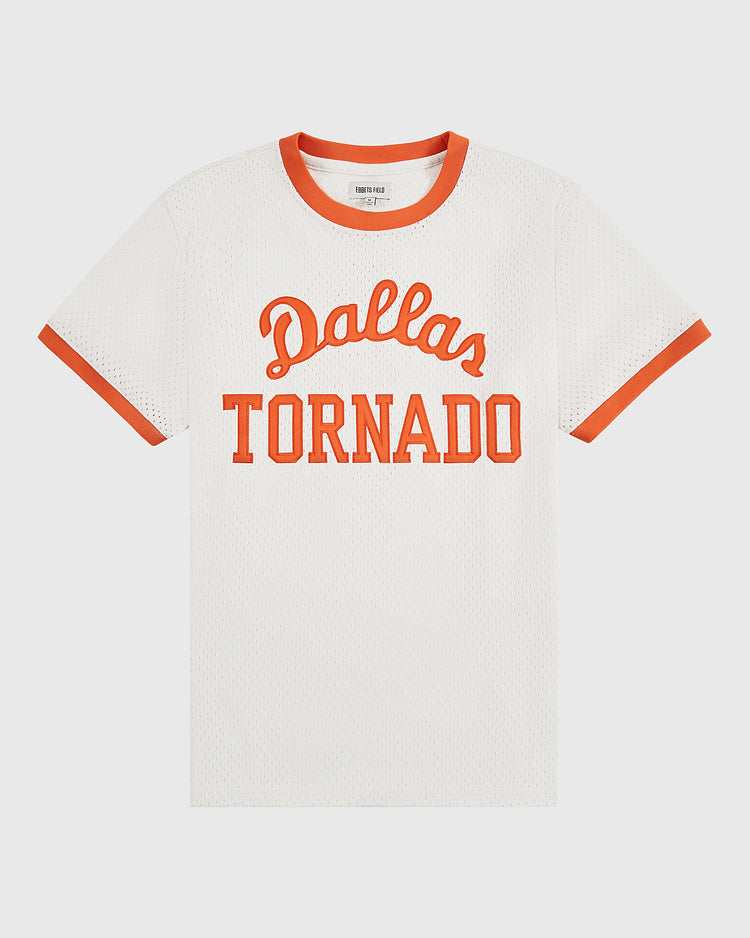 The Ebbets Field Dallas Tornado Mesh Soccer Jersey is a white mesh shirt with orange trim and bold orange lettering, inspired by the classic NASL championship-era Dallas Tornados design.