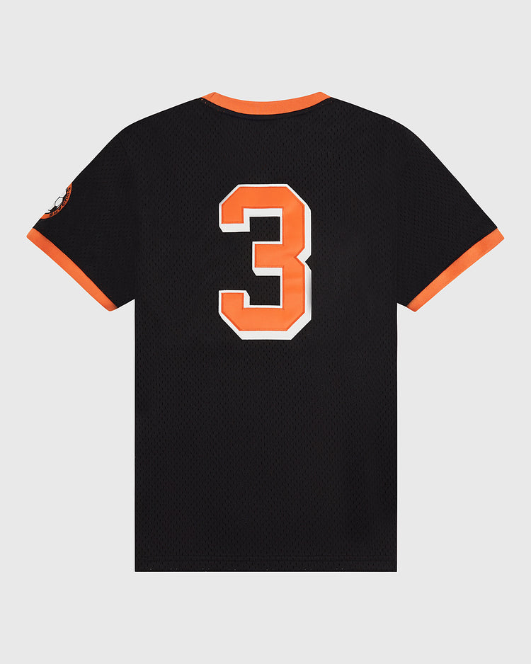The Ebbets Field Detroit Cougars Mesh Soccer Jersey features black mesh, orange collar and cuffs, an orange and white number 3 on the back, plus a left sleeve patch—echoing vintage NASL Detroit Cougars style.