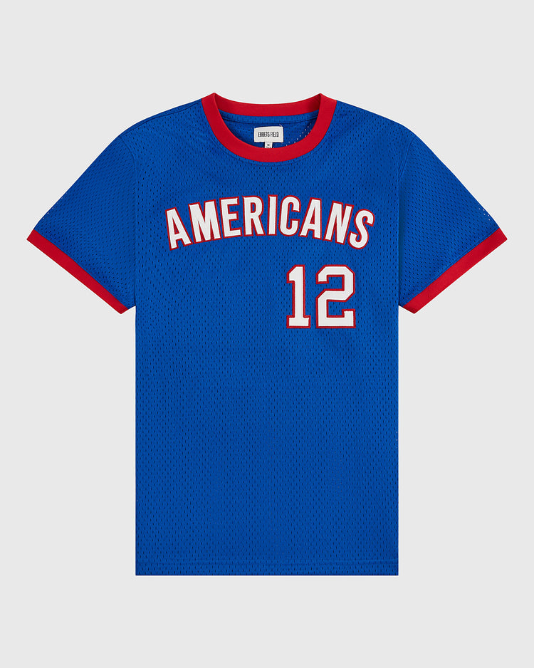 The Ebbets Field New Jersey Americans Mesh Soccer Jersey features blue mesh, red trim on the collar and sleeves, 