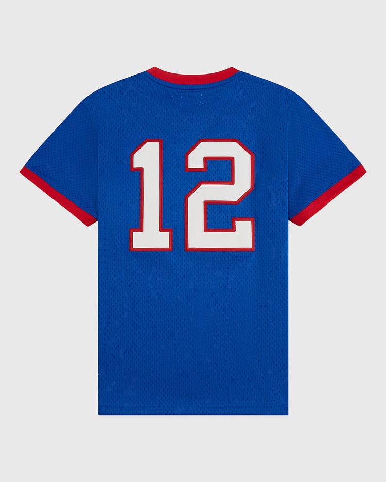 The Ebbets Field New Jersey Americans Mesh Soccer Jersey features a blue mesh design, short sleeves with red trim, and large white and red number 12 printed on the back.