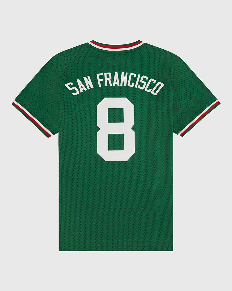 The Ebbets Field San Francisco Golden Gate Gales Mesh Soccer Jersey features a green body, white block number 8, “San Francisco” in white on the back, and red, white, and green striped collar and cuffs. Displayed on a plain white background.