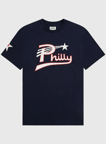 Ebbets Field Philadelphia Stars Short Sleeve Graphic T-Shirt in navy blue, featuring 