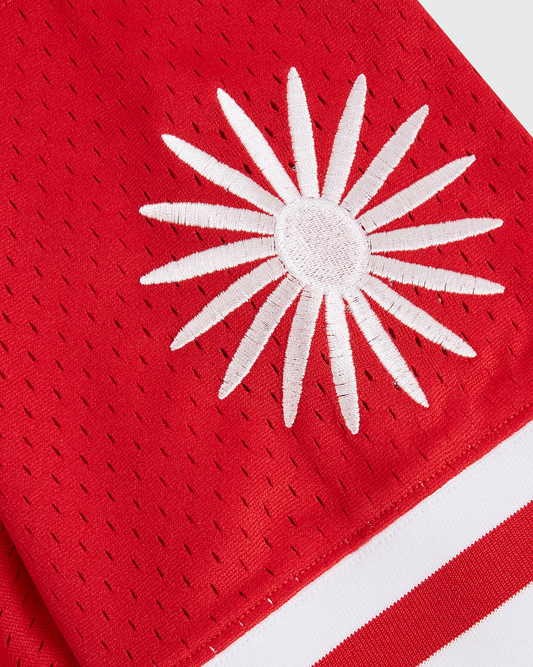 A close-up of red athletic mesh fabric from the Ebbets Field Hilldale Athletic Club 1924 V-Neck Mesh Jersey, featuring a white embroidered daisy-like flower and white edge stripes, evoking the classic style of vintage Negro Leagues uniforms.