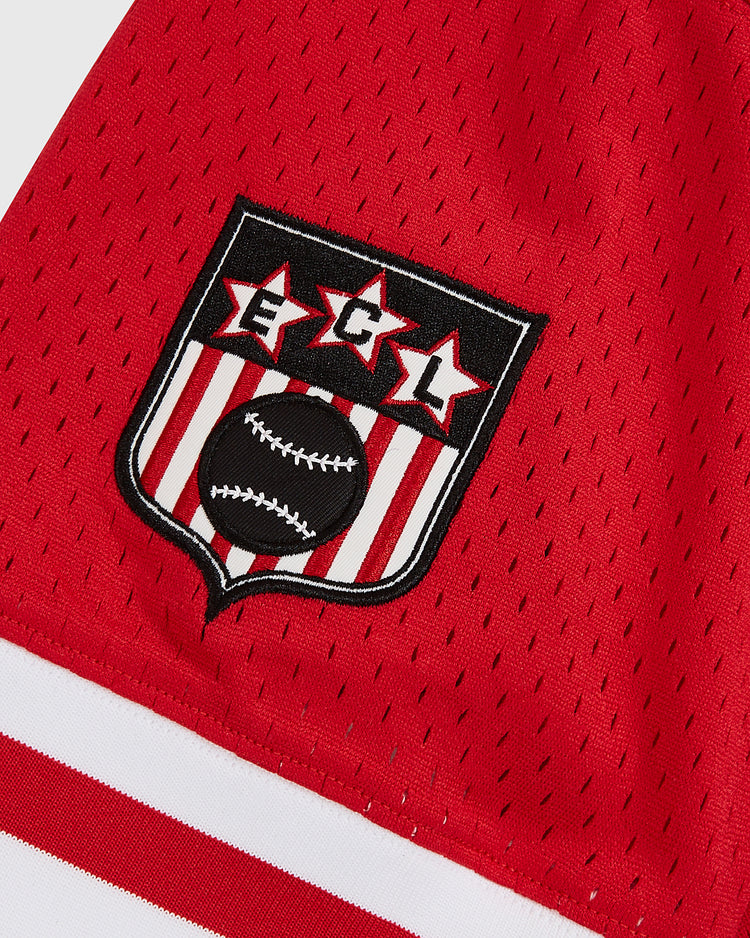 The Ebbets Field Hilldale Athletic Club 1924 V-Neck Mesh Jersey is a red sports jersey inspired by the iconic Hilldale uniform from the 1924 Negro Leagues season, featuring a black, white, and red patch with three stars, the letters ECL, a baseball, vertical stripes, and distinctive white and red bands at the bottom.