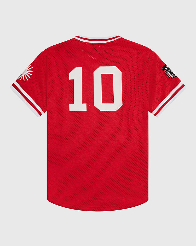 The Ebbets Field Hilldale Athletic Club 1924 V-Neck Mesh Jersey features a bold red design with a white number 10 on the back, distinctive white and red striped sleeve cuffs, and classic patches on each sleeve—evoking the timeless style of Negro Leagues-era Hilldale jerseys. The jersey is showcased against a plain white background.
