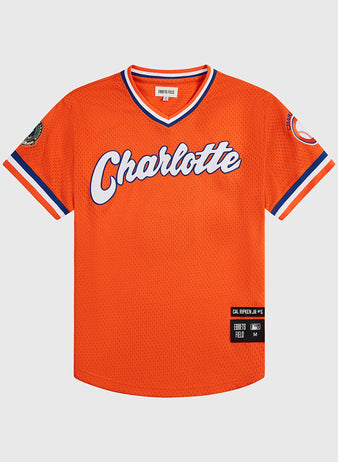 Inspired by the classic Cal Ripken Jr. Charlotte Orioles jersey, the Ebbets Field Cal Ripken Jr. Charolette Orioles Mesh V-Neck Jersey features bright orange mesh, 