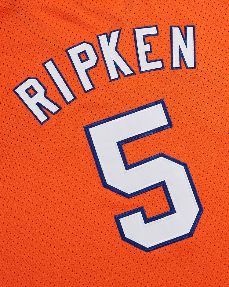 Ebbets Field Cal Ripken Jr. Charolette Orioles Mesh V-Neck Jersey featuring orange mesh fabric with white and navy blue 