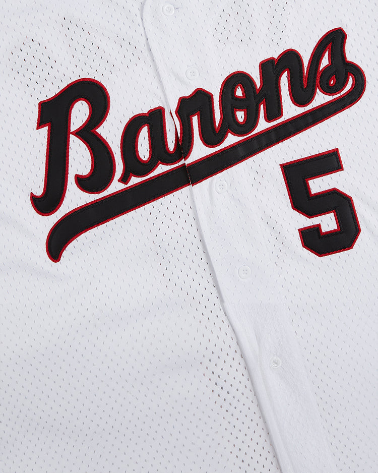 Close-up of the Birmingham Barons Frank Thomas Button Up Mesh Jersey by Ebbets Field, featuring white mesh fabric with “Barons” in black and red script and the number 5 in black with a red outline on the front, reminiscent of the iconic Birmingham Barons jersey worn by Frank Thomas.