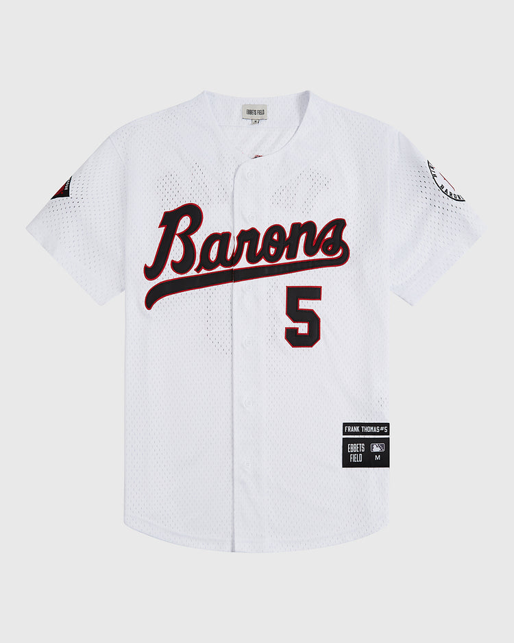 The Ebbets Field Birmingham Barons Frank Thomas Button Up Mesh Jersey is a white mesh baseball jersey featuring 