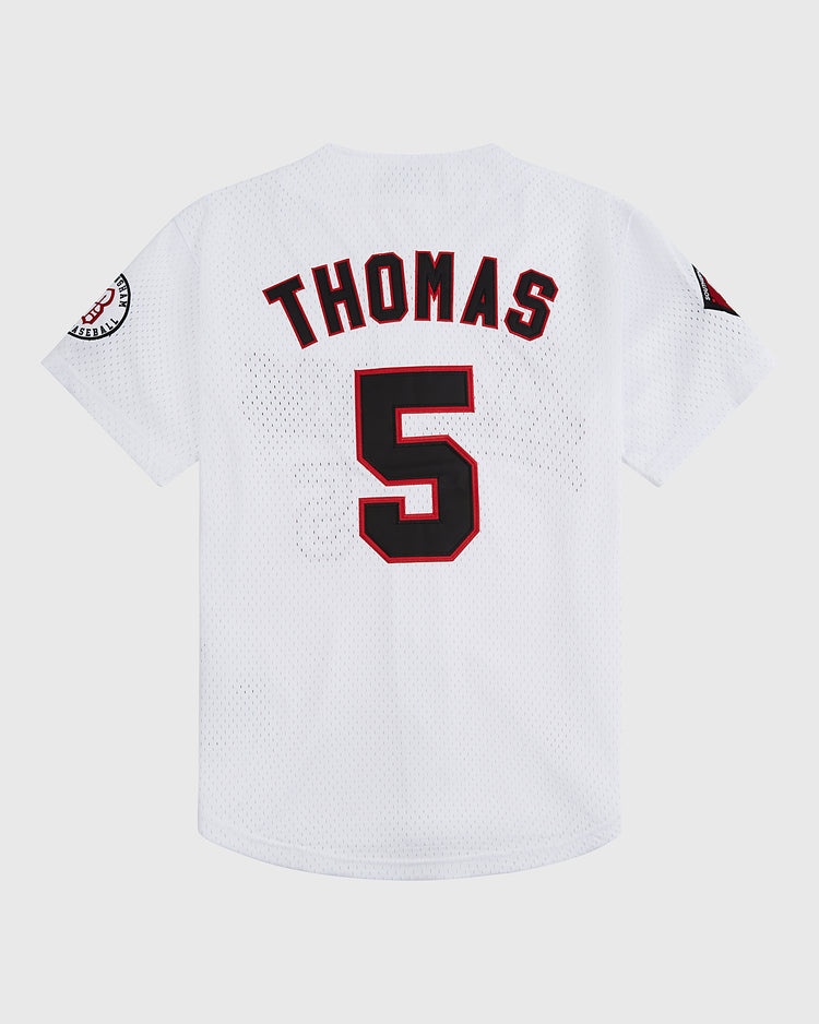 The Birmingham Barons Frank Thomas Button Up Mesh Jersey by Ebbets Field features a white mesh design with bold black and red 