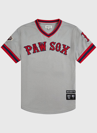 The Ebbets Field Wade Boggs Pawtucket Red Sox Mesh V-Neck Jersey features a classic gray design with red and blue trim, 