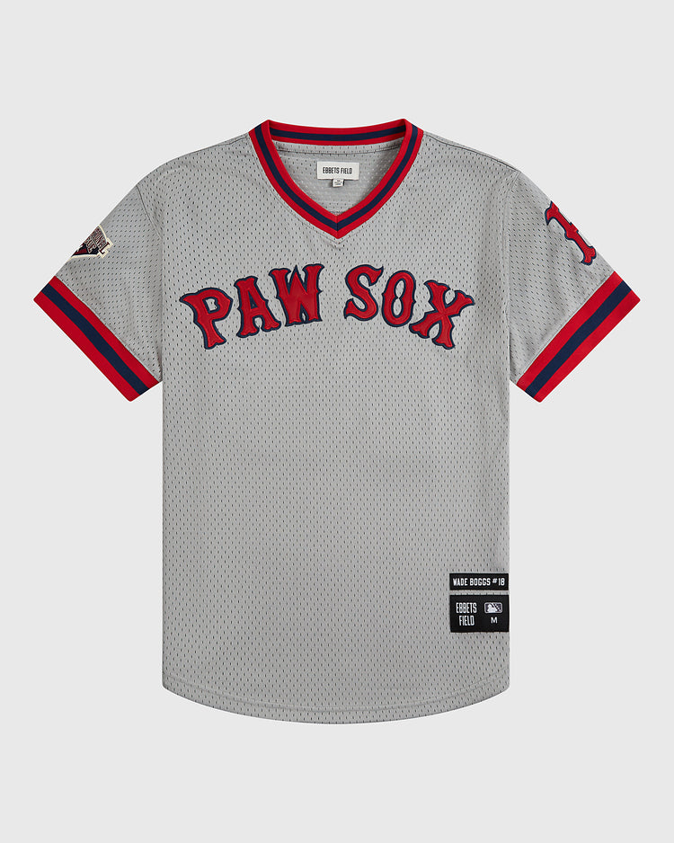 The Ebbets Field Wade Boggs Pawtucket Red Sox Mesh V-Neck Jersey features a classic gray design with red and blue trim, 
