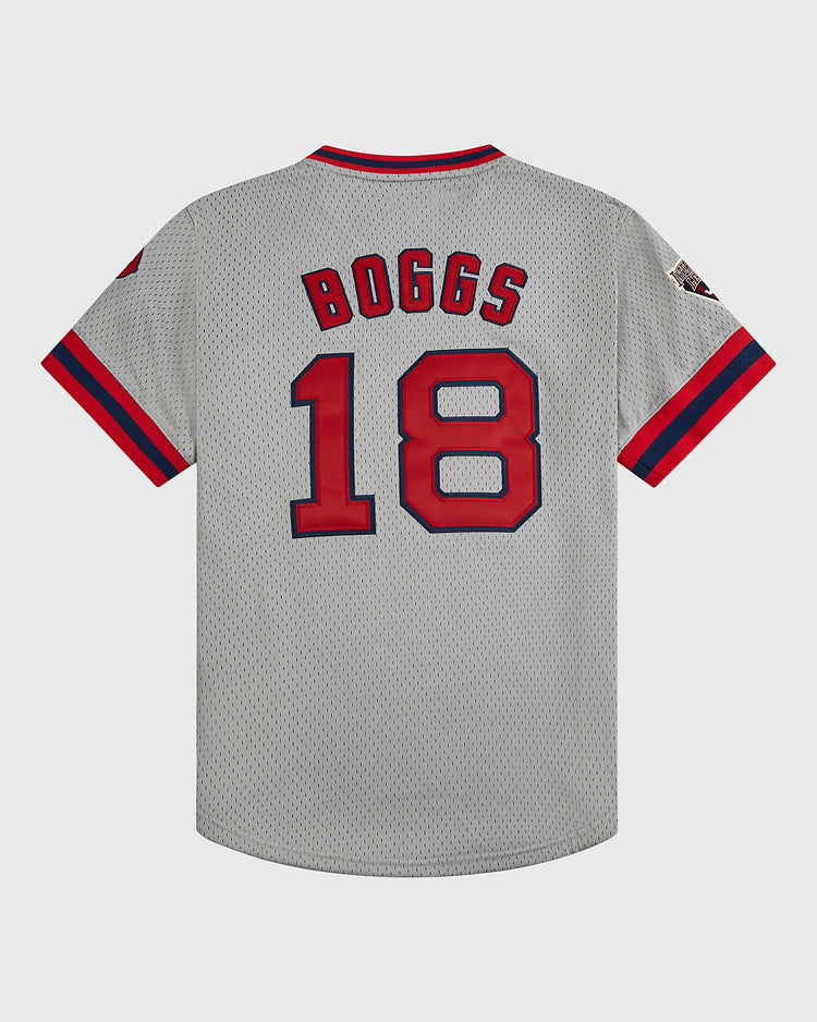 An Ebbets Field Wade Boggs Pawtucket Red Sox Mesh V-Neck Jersey in gray mesh with red and blue trim, featuring 