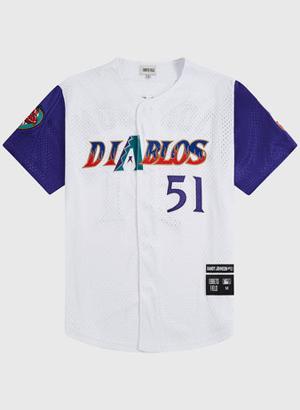 The Ebbets Field Randy Johnson El Paso Diablos Button Up Mesh Jersey features a white and purple mesh design with 