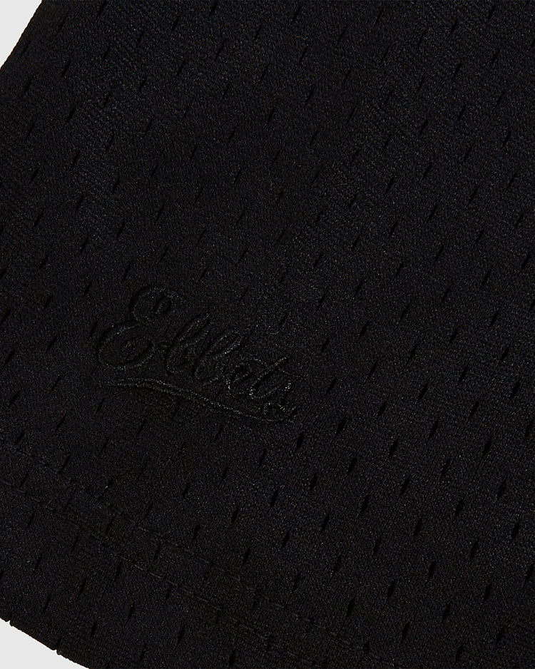 Close-up of the black textured mesh fabric with small perforations and 