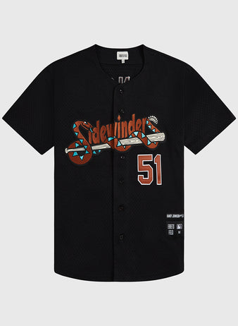The Ebbets Field Randy Johnson Tucson Sidewinders Button Up Mesh Jersey is a black throwback baseball jersey featuring stylized 