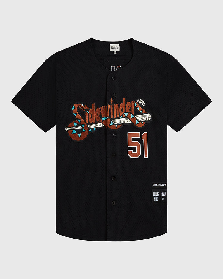 The Ebbets Field Randy Johnson Tucson Sidewinders Button Up Mesh Jersey is a black throwback baseball jersey featuring stylized 