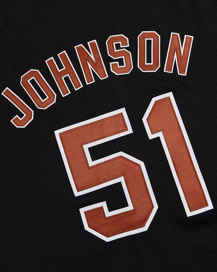 A black Ebbets Field Randy Johnson Tucson Sidewinders Button Up Mesh Jersey showcasing 