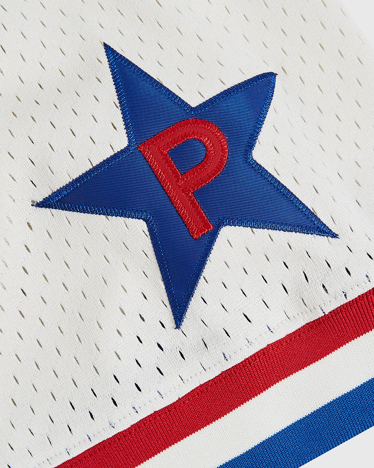 Close-up of the Ebbets Field Philadelphia Stars V-Neck Mesh Jersey in white, featuring a blue star and red 