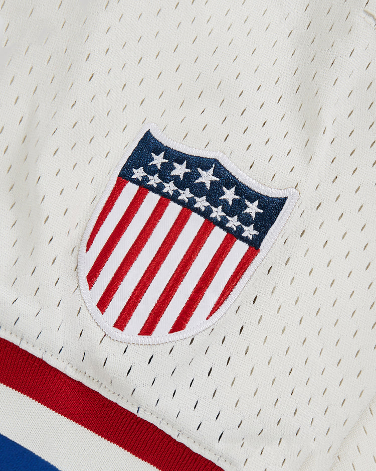 The Philadelphia Stars V-Neck Mesh Jersey by Ebbets Field features white mesh baseball jersey fabric with a shield-shaped patch displaying red and white stripes and white stars on a blue field, evoking the United States flag, along with red, white, and blue stripes below. This design pays tribute to classic Negro National League jerseys once worn by the Philadelphia Stars.