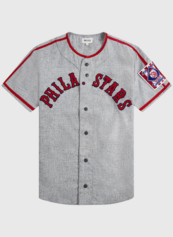 The Ebbets Field Philadelphia Stars 1939 Wool Authentic Road Jersey is a gray wool baseball jersey with red trim, 