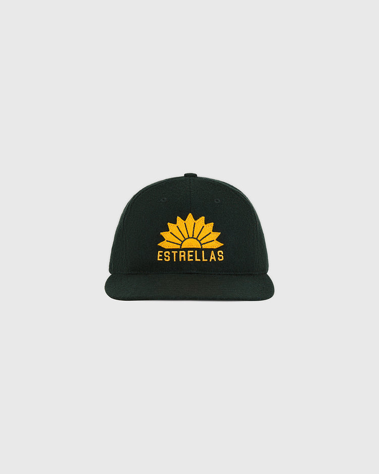 The Estrellas Orientales 1953 Authentic Wool Ballcap by Ebbets Field, featuring a black design with a yellow sunburst and 