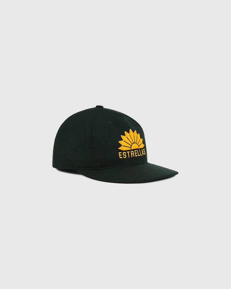 An Estrellas Orientales 1953 Authentic Wool Ballcap by Ebbets Field, featuring a black design with a yellow sunflower and the word 