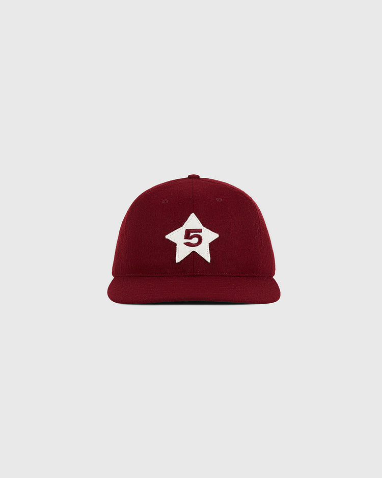 The Cordoba Cafeteros 1958 Authentic Wool Ballcap by Ebbets Field, featuring a white star patch and a red number 5 on the front, is displayed against a plain light gray background.
