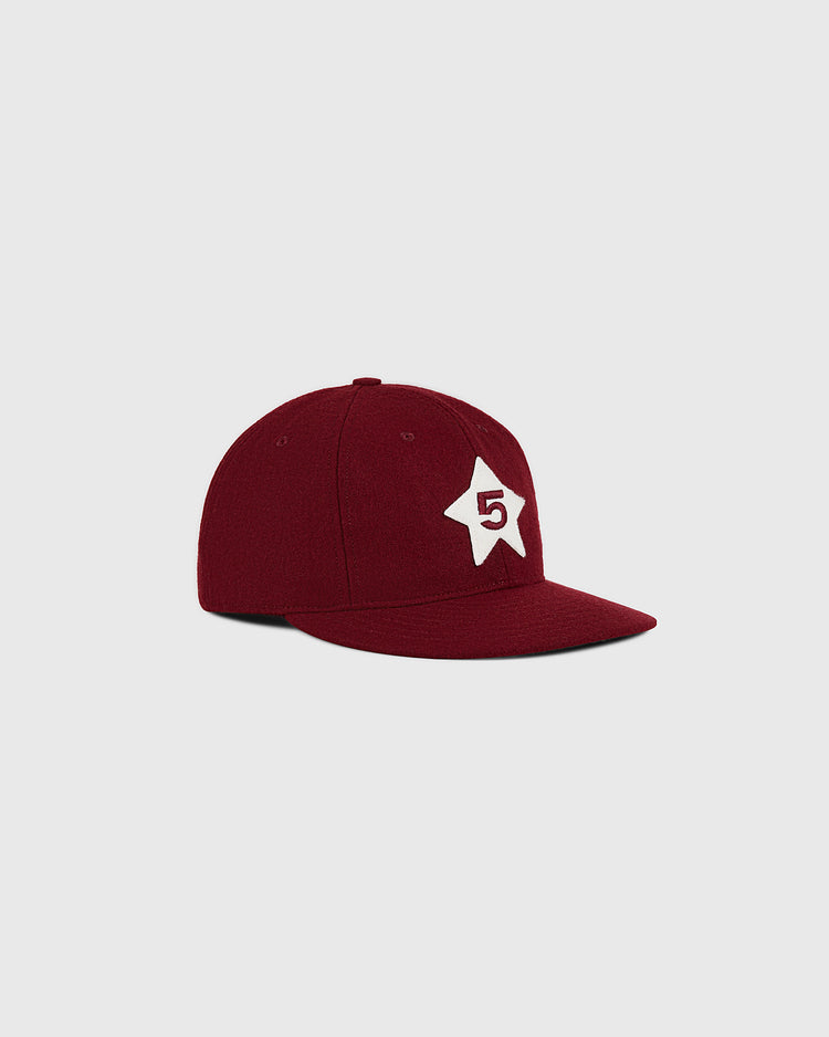 The Ebbets Field Cordoba Cafeteros 1958 Authentic Wool Ballcap, featuring a maroon color with a white star and the number 5 inside the star on the front, is displayed against a plain light gray background.