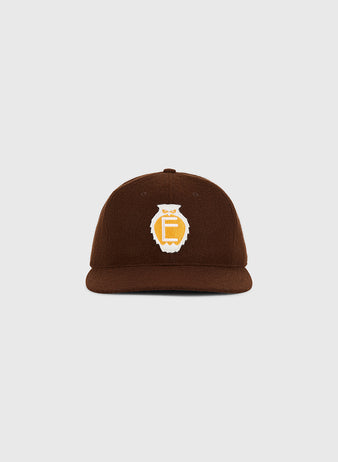 The Ebbets Field Tecolotes 1935 Authentic Wool Ballcap, featuring a yellow and white embroidered owl logo on the front, is displayed against a plain light grey background.