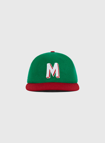 The Ebbets Field Mexico City Reds 1943 Authentic Wool Ballcap features a green crown, a red brim, and a large white 