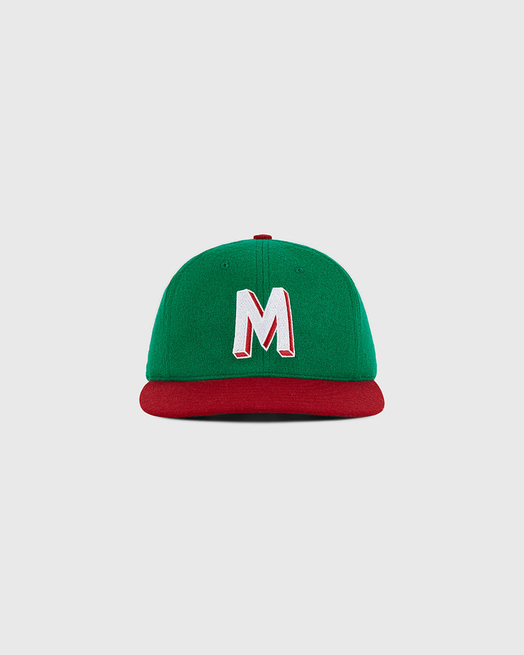 The Ebbets Field Mexico City Reds 1943 Authentic Wool Ballcap features a green crown, a red brim, and a large white 