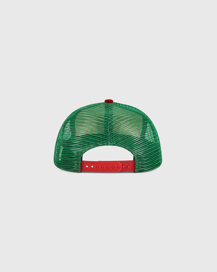 The Ebbets Field Mexico Wool Mesh Trucker Ballcap, shown from the back against a plain light gray background, features a green mesh design with a red adjustable snapback closure and a matching red top button.