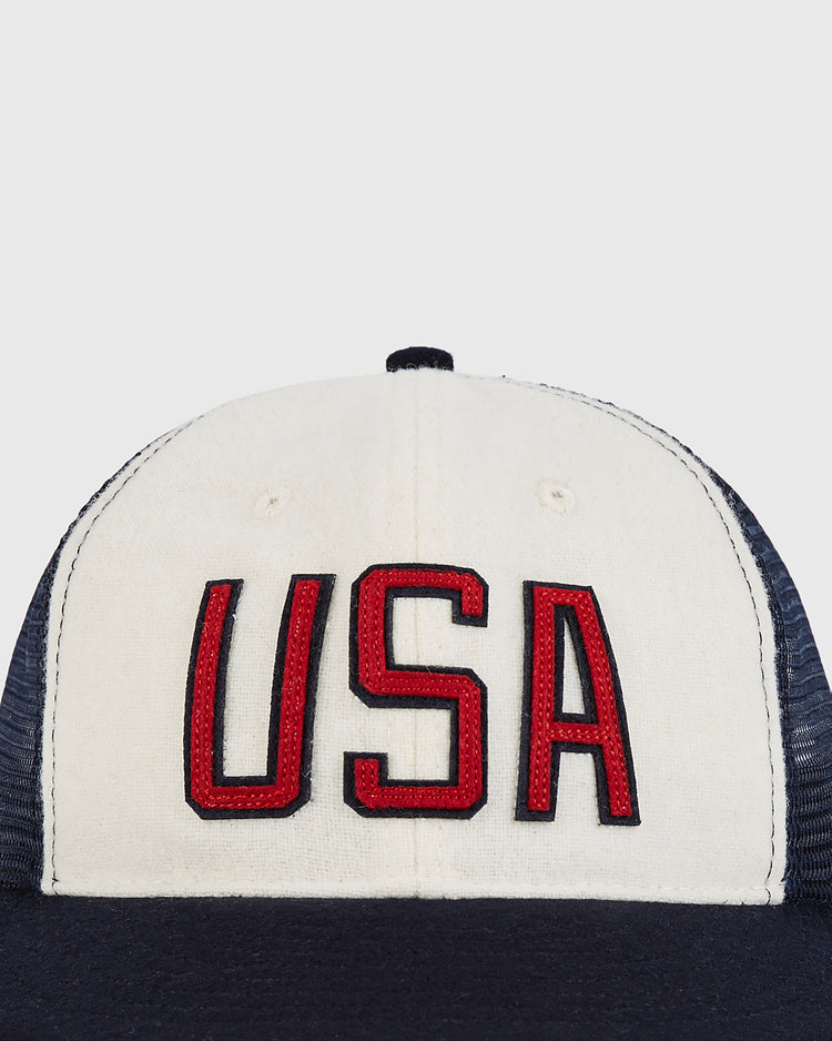 A close-up of the Ebbets Field USA Wool Mesh Mesh Trucker Ballcap, featuring 