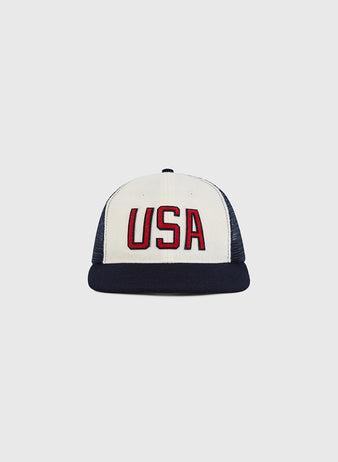The Ebbets Field USA Wool Mesh Trucker Ballcap, featuring bold red 