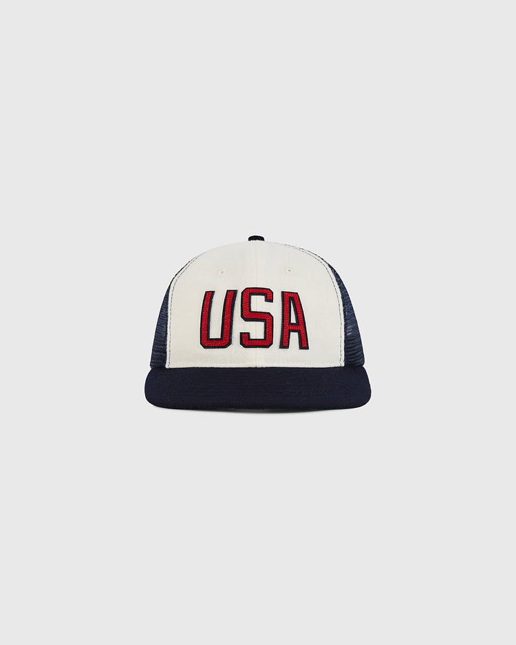 The Ebbets Field USA Wool Mesh Trucker Ballcap, featuring bold red 