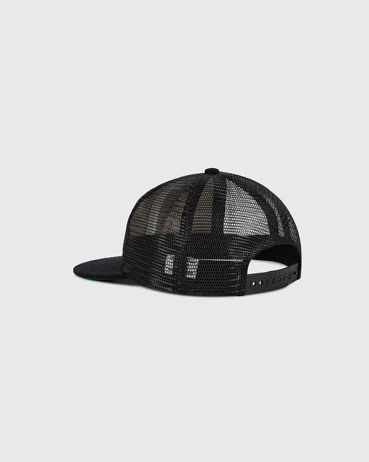 An Ebbets Field New York Black Yankees Mesh Trucker Ballcap is displayed from the back, highlighting its adjustable snapback closure and flat brim, set against a plain light gray background.