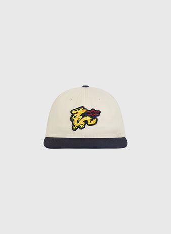 The Chunichi Dragons Cotton Twill Ballcap by Ebbets Field is a cream-colored vintage baseball cap with a dark brim, featuring an embroidered yellow dragon and red aim target emblem on the front—drawing classic style inspiration from iconic Chunichi Dragons ballcaps.