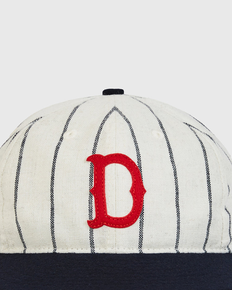 Off-white pinstriped Detroit Stars 1920 Authentic Wool Ballcap with a red felt D on the front and a dark brim.