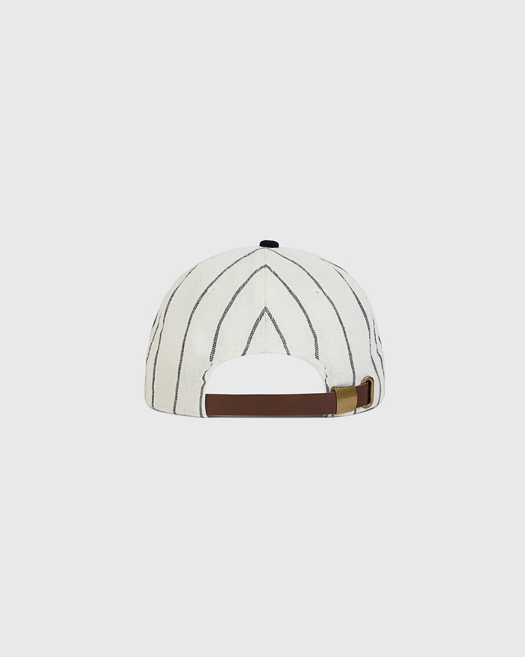 Off-white Ebbets Field Detroit Stars 1920 Authentic Wool Ballcap with thin black pinstripes and an adjustable brown leather strap with a brass buckle at the back.