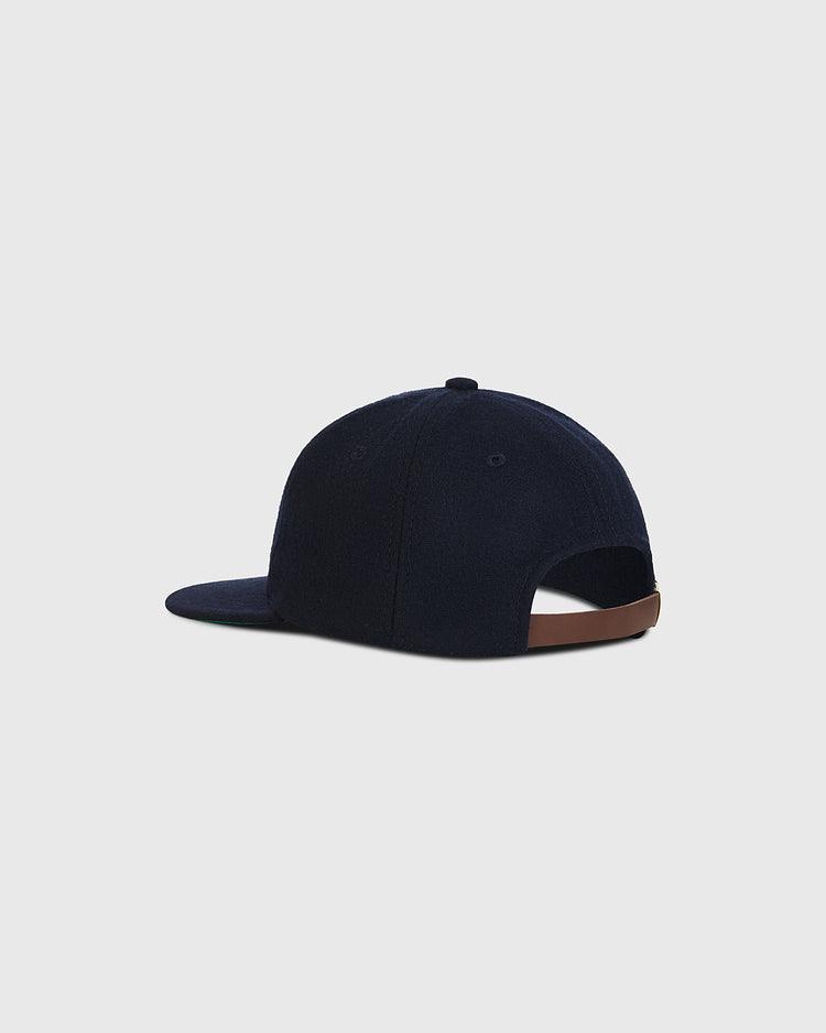 A dark blue Ebbets Field Atlanta Black Crackers 1940 Authentic Wool Ballcap with a brown leather strap back.