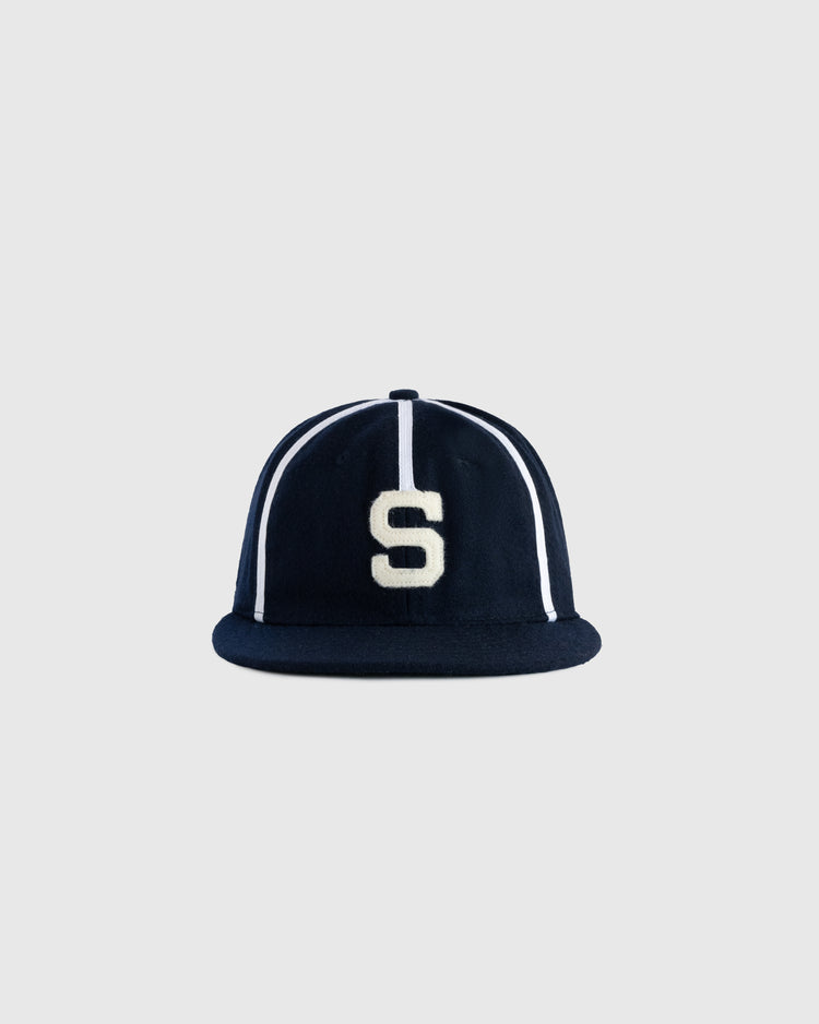 The EFF Sacramento Solons 1945 Authentic Wool Softbrim Ballcap features navy wool, white piping, and a bold white S on the front, shown against a plain light gray background.