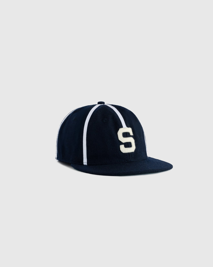 The EFF Sacramento Solons 1945 Authentic Wool Softbrim Ballcap features navy blue wool with white stripes and a large white S on the front, shown against a plain light gray background.